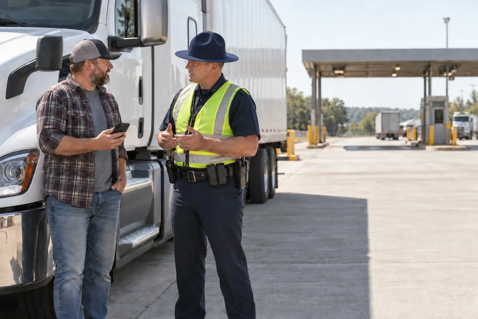 An officer talks with a truck driver beside a parked truck at a weigh station
